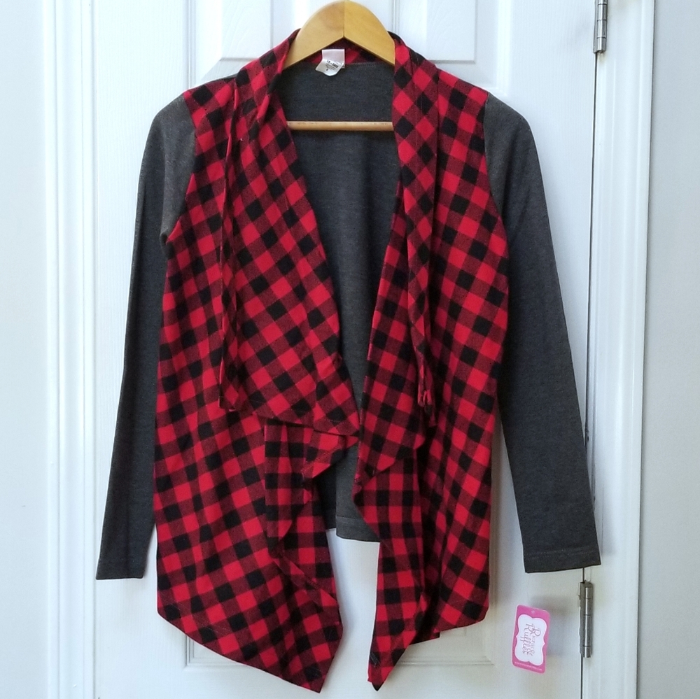 NWT Women's Ricrac & and Ruffles Buffalo Plaid cardigan sweater Small